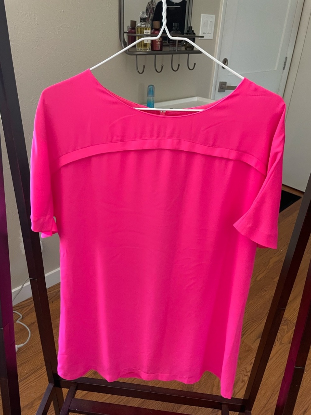 Korean Designer Hot Pink Chiffon Mini Dress | Back Tie Sash | Short Sleeve | S